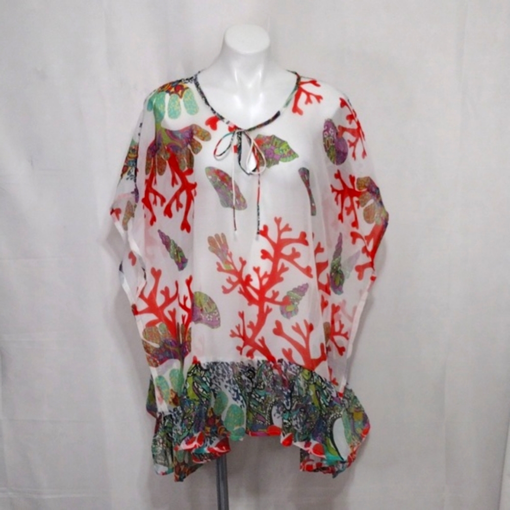 NWT Antica Sartoria Boho Chiffon Poncho Kaftan Top Ruffled Hem Vacation Chic OS